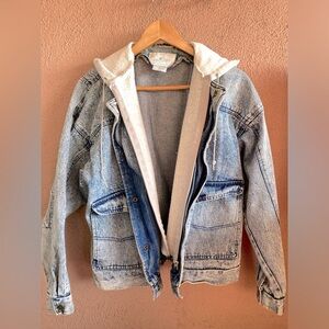 Vintage Sergio Valente 80s Style Acid Wash Jean Jacket Attached Grey Crop Hoodie
